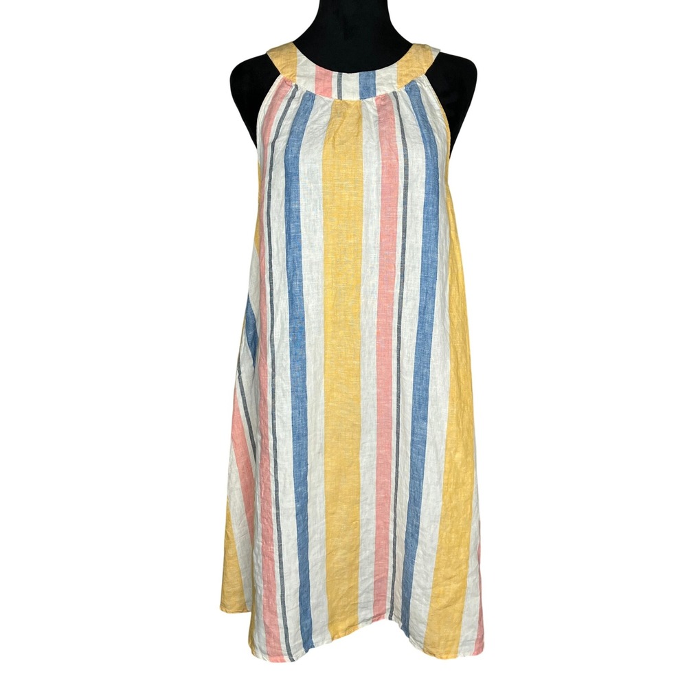 C&C California Sleeveless Halter Multi Striped Linen Trapeze Dress Women Med NWT
